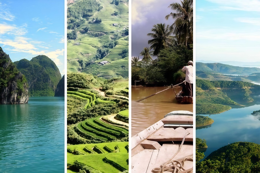 Paysage tropical du Vietnam sous un ciel nuageux illustrant le climat varié du pays avant la saison des pluies