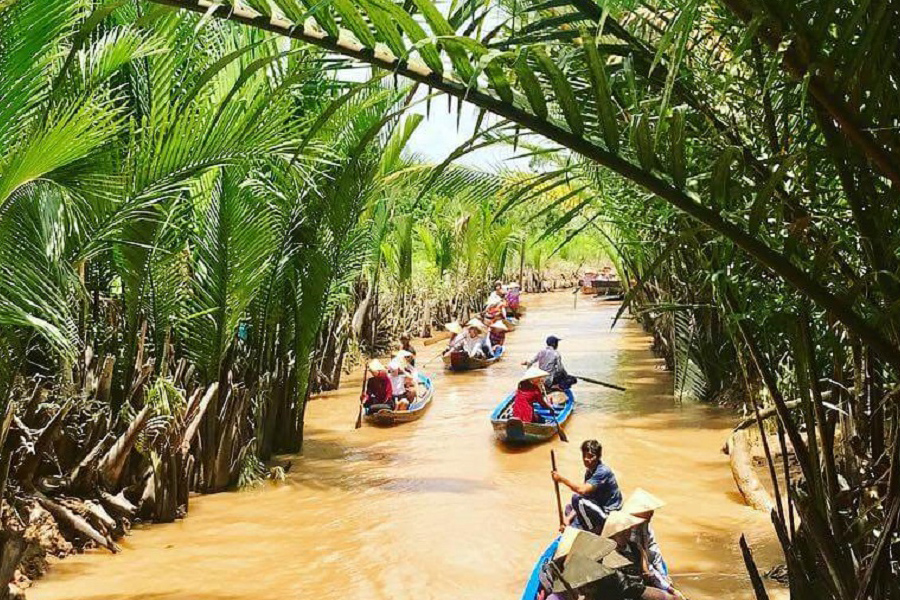 Balade en sampan sur les petits canaux bordés de palmiers d’eau à Con Phung