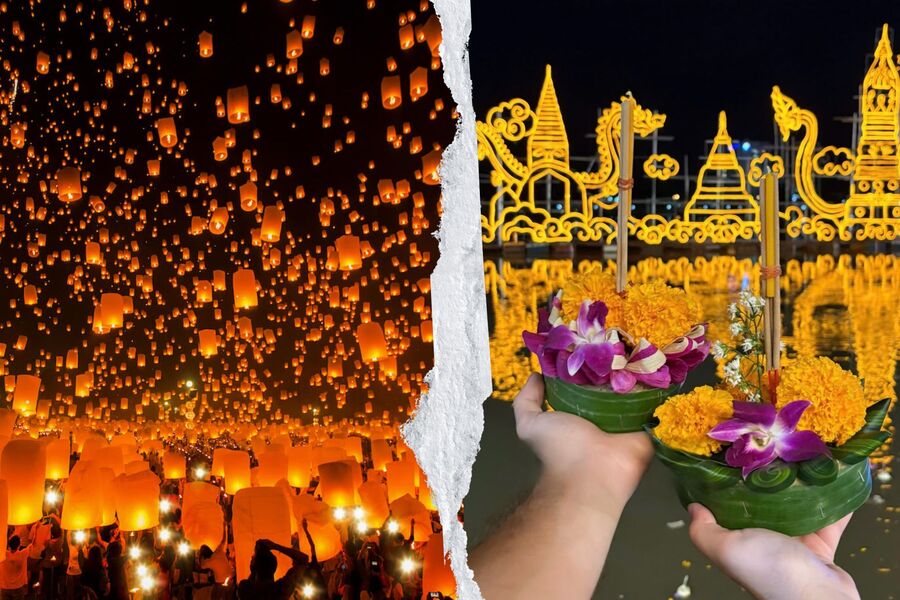 Vue contrastée des lanternes dans le ciel et des radeaux lumineux sur l’eau, illustrant les différences entre les deux festivals thaïlandais