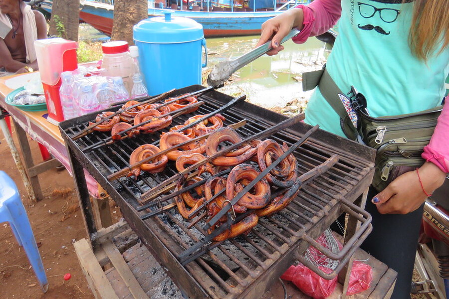 Au Cambodge, de nombreux vendeurs proposent des brochettes de serpent grillé