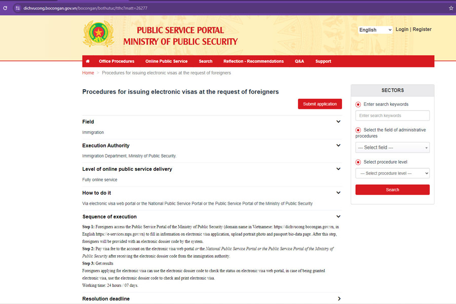 Portail de service public du ministère de la Sécurité publique du Vietnam